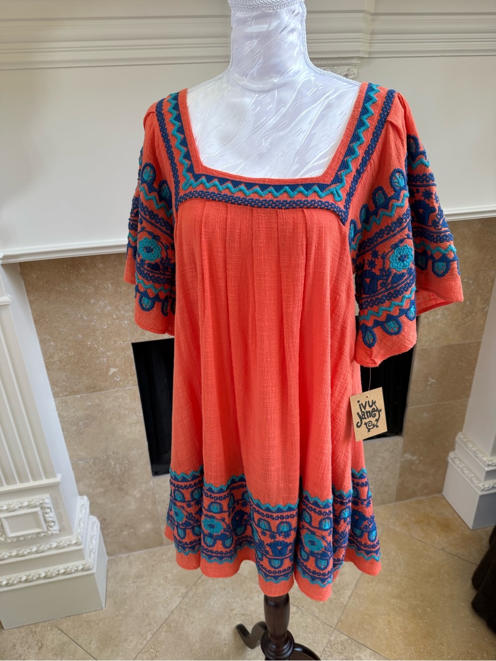 ivy jane Coral Midi Dress with Teal & Navy Embroidery